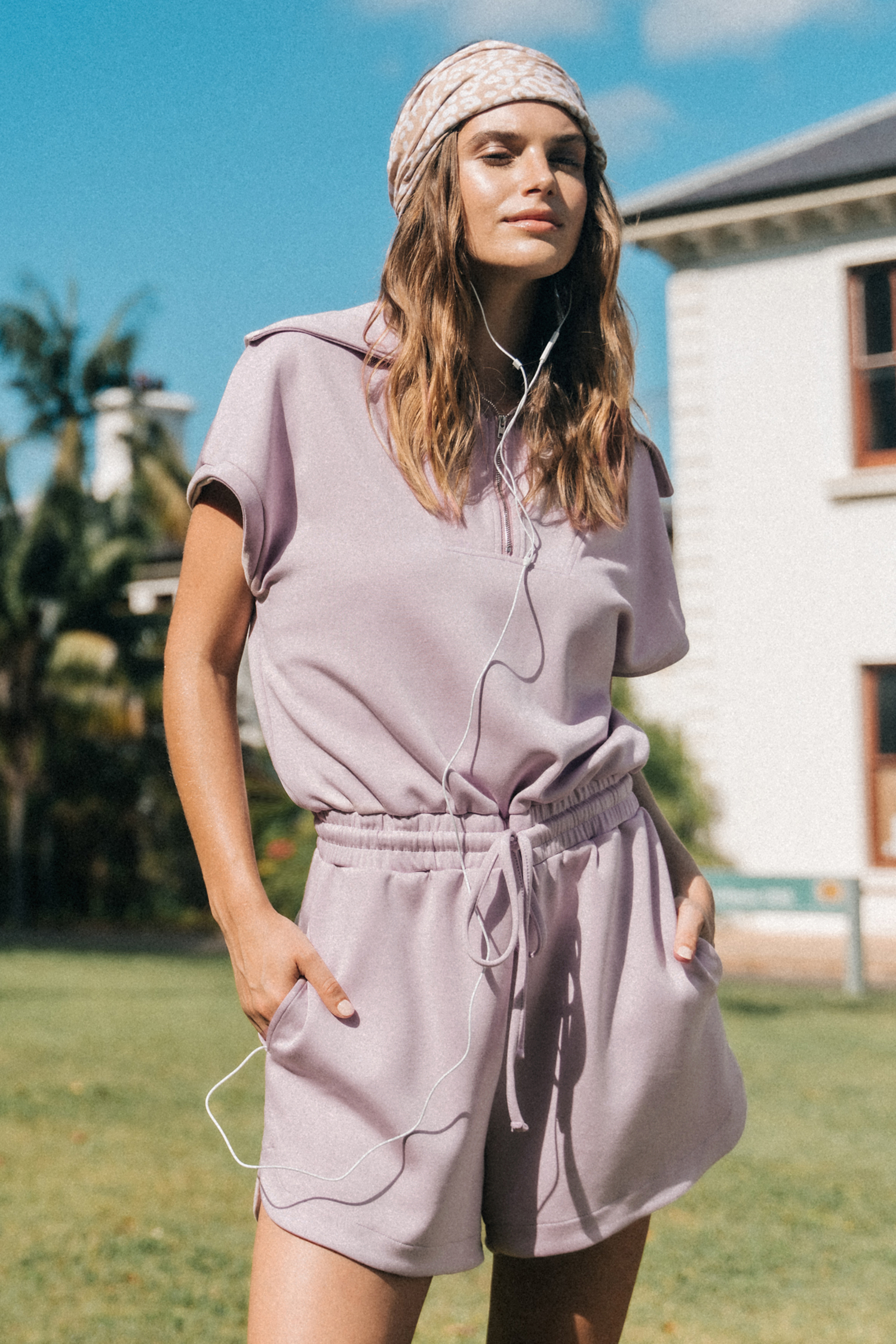 Combishort à col chemise et zip sur le devant lavande