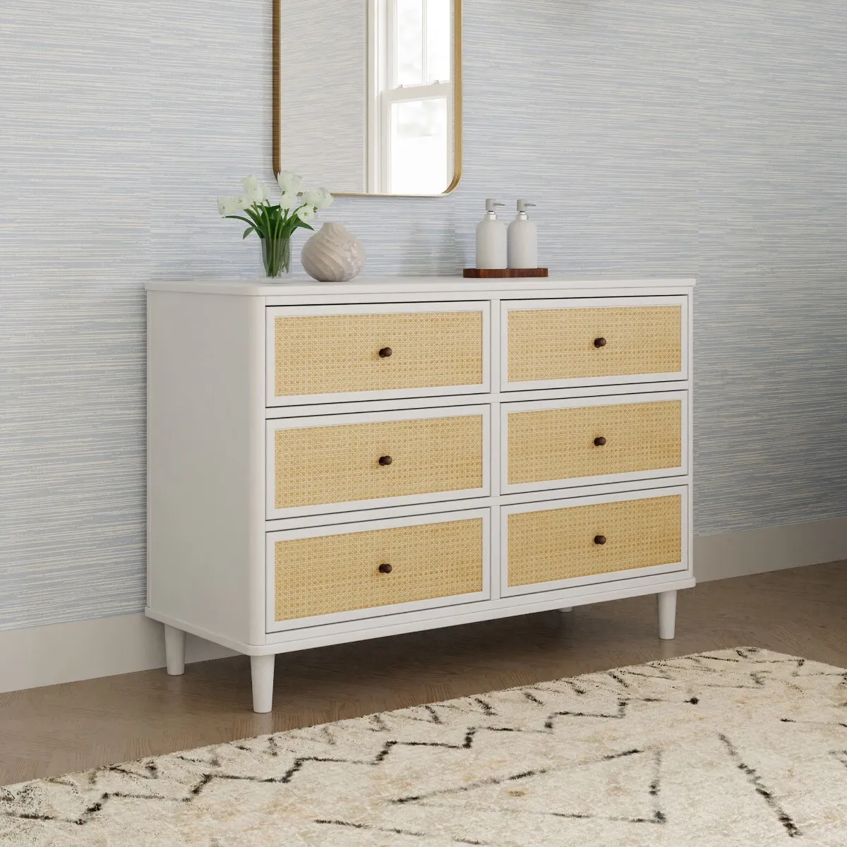 DaVinci Bureau 6 Tiroirs Marin - Blanc Chaud et Rotin