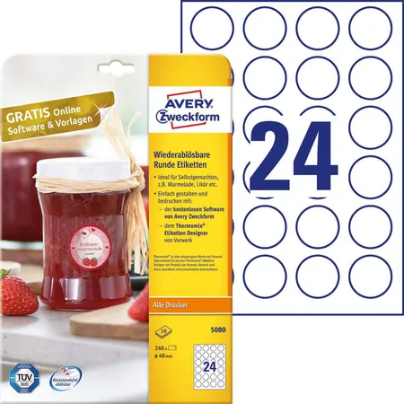 Avery Zweckform 5080 Wiederablösbare, runde Etiketten,A4 Ø 40 mm, 10 Bogen/240 Etiketten, weiß