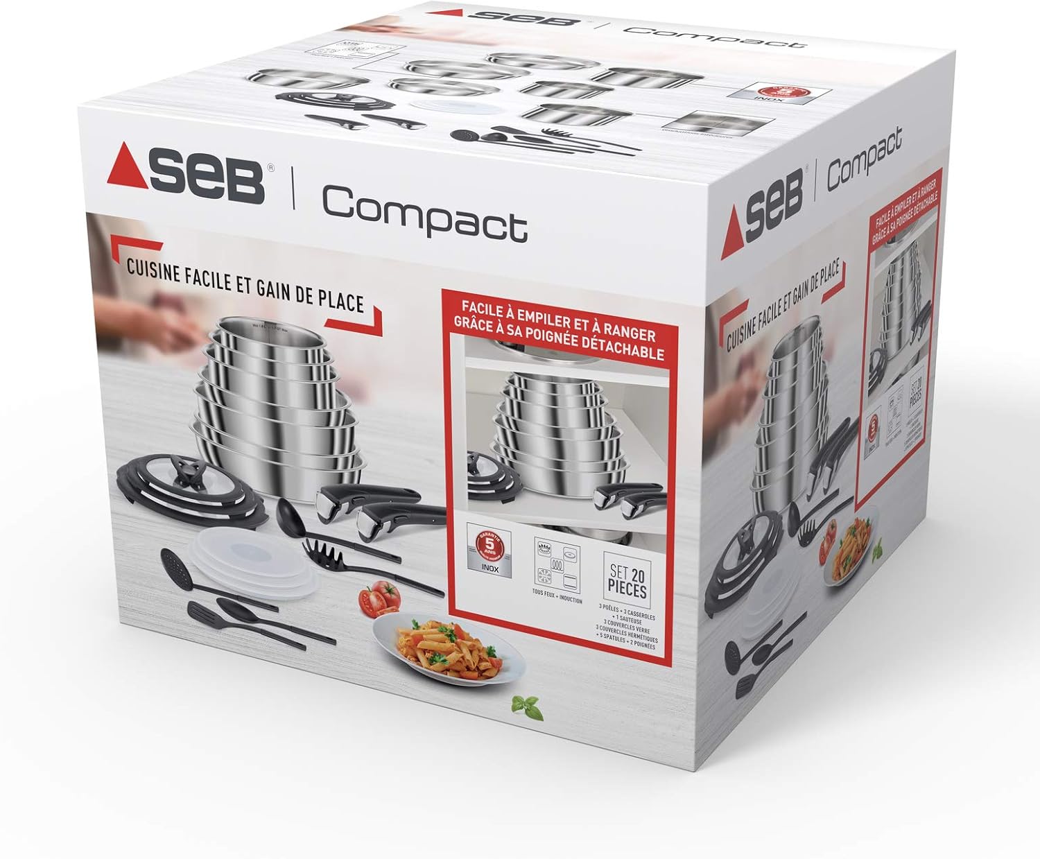 Seb Compact Inox Batterie de cuisine 10 pièces, Induction, Poêles 22/24/26 cm, Casseroles 16/18/20 cm, Sauteuse 24 cm, Couvercles 18/20 cm, 1 poignée L953SA04, Noir, argent, ‎35.4 x 35.29 x 26.8 cm