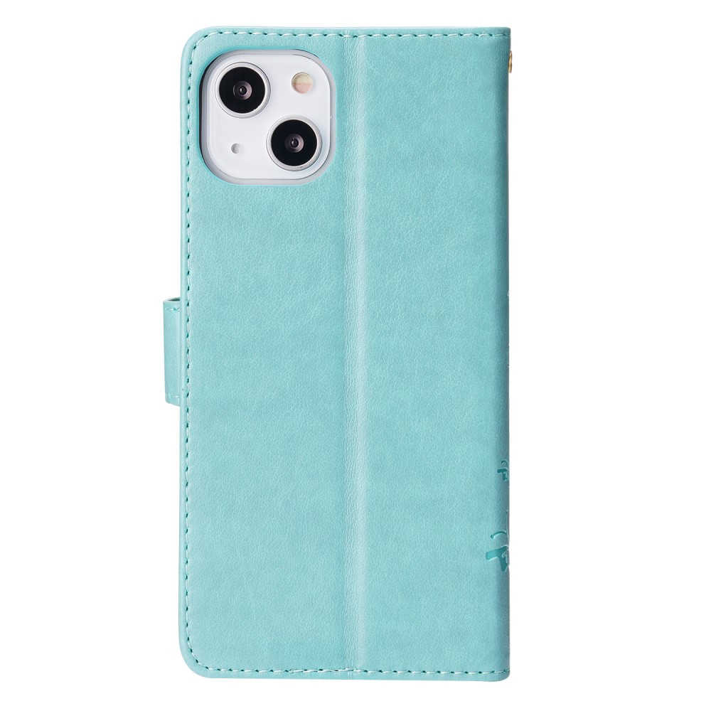 iPhone 13 Leder Tasche mit Kartenfach   Handschlaufe Butterfly Flowers - Türkis