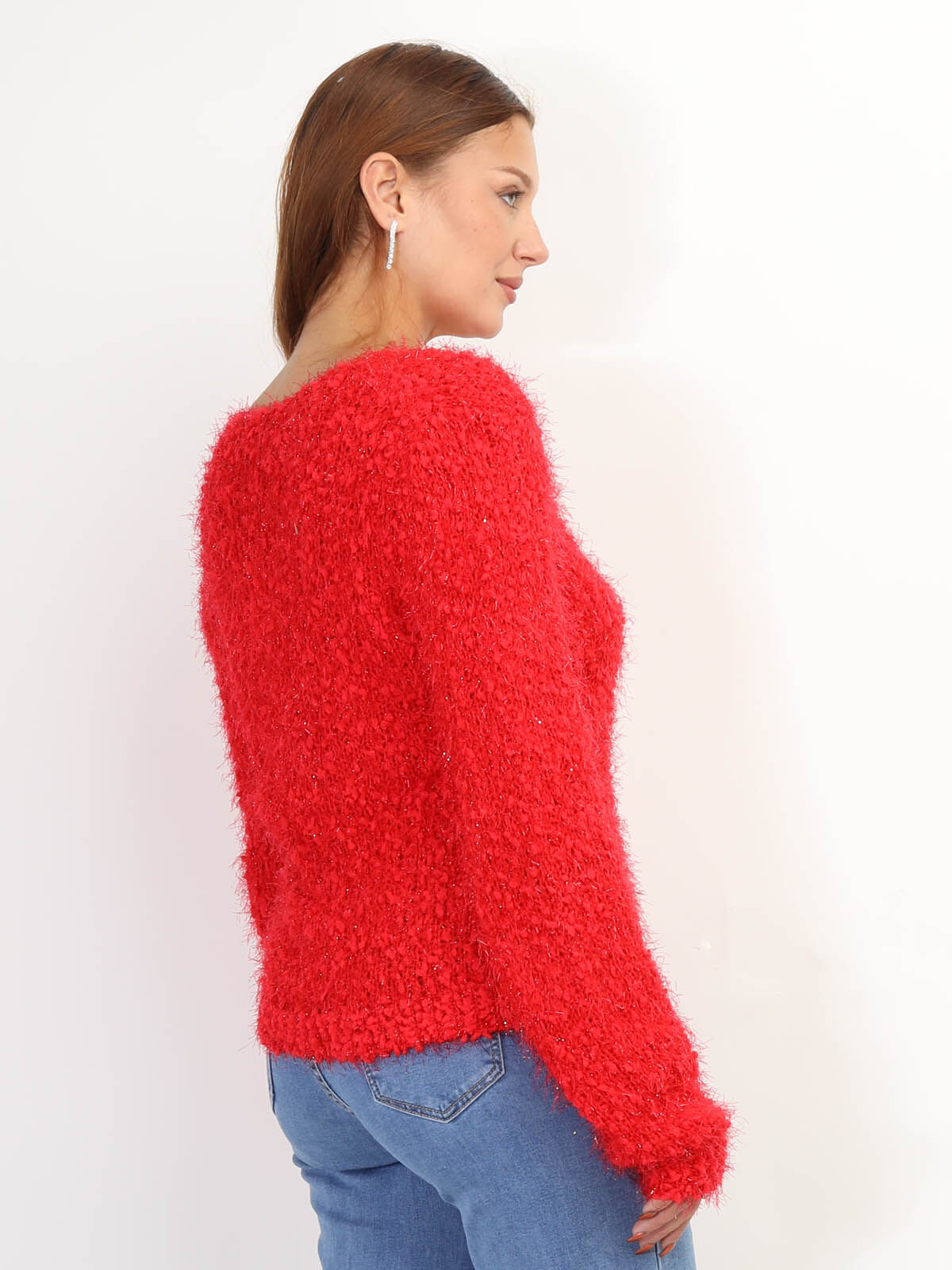 Pull duveteux avec fils brillants- Rouge