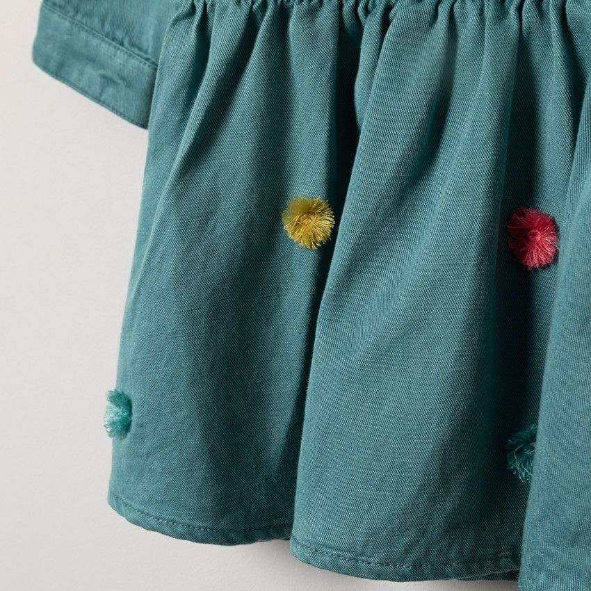 Robe manches longues forme chemise à pompons colorés - Bleu