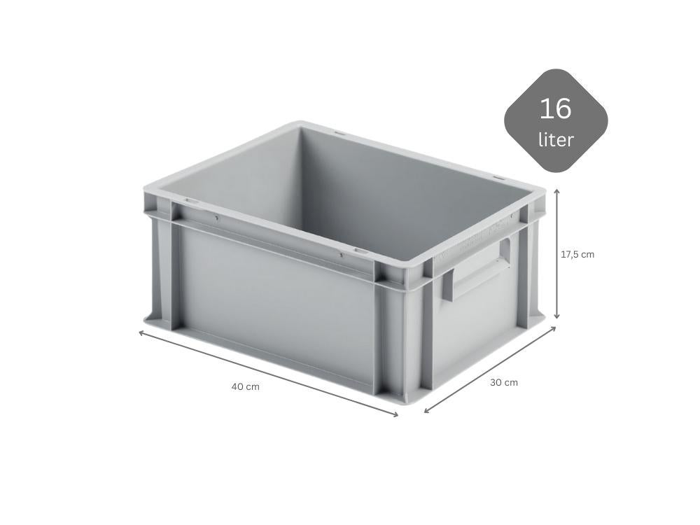 PROREGAL Eurocontainer met gesloten handgreep HxBxD 17,5 x 30 x 40 cm 16 liter Grijs Eurobox Transportbox Transportcontainer Stapelbak