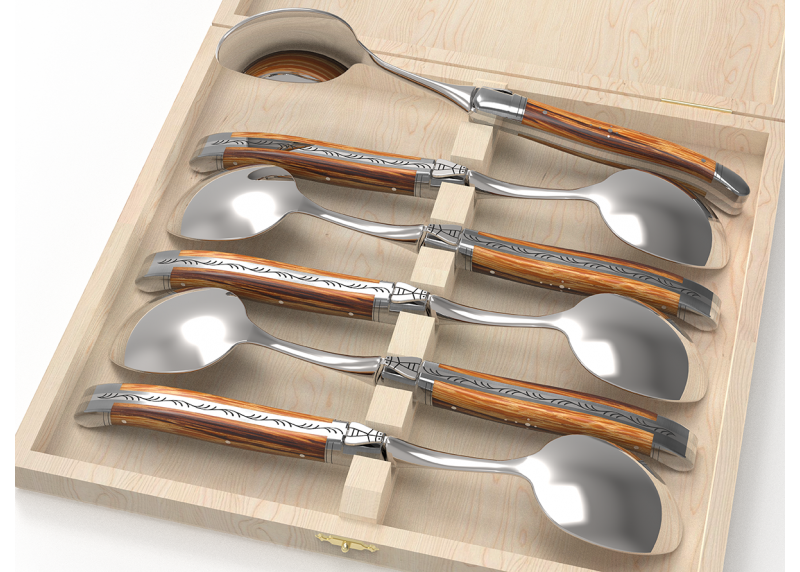 Service de 6 petites cuillères Laguiole avec un manche en bois de serpent et mitres en acier inoxydable