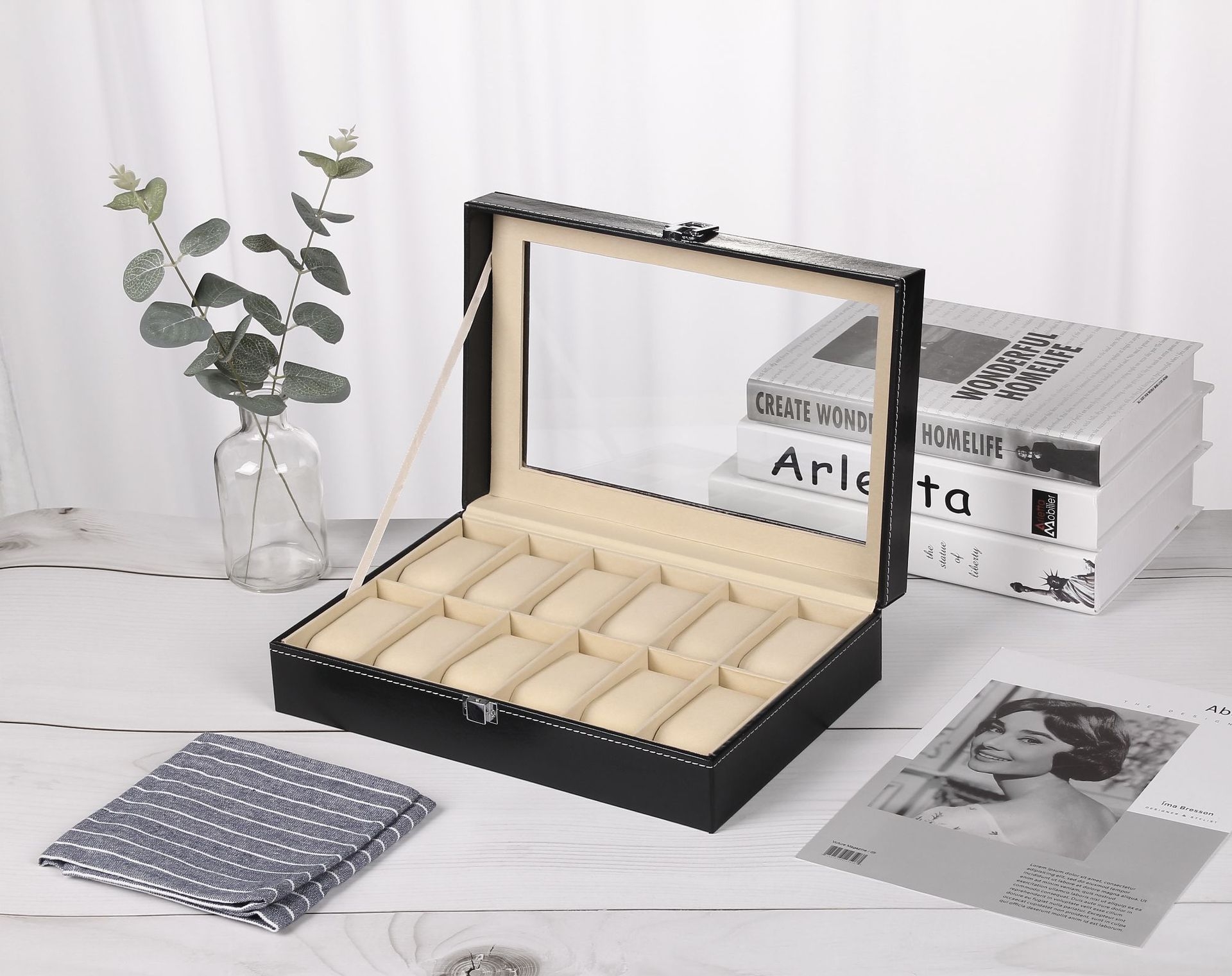 (12 Slots) Uhrenbox Schmuckschatulle Organizer mit Glasdeckel - Schwarz