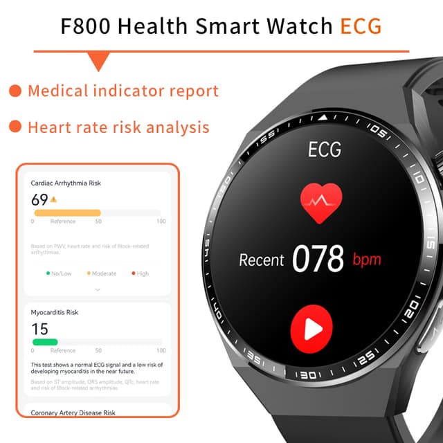 Smartwatch med EKG, kropskompositionsanalyse, blodsammensætningsanalyse (urinsyre, blodlipider) Sort og grå rem