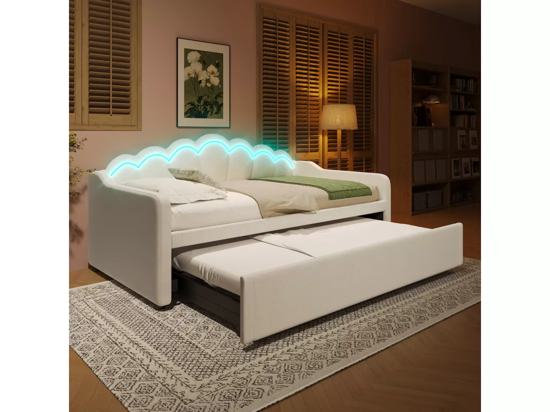 Canapé-lit 90x200/180x200 cm - avec lit gigogne - avec bande lumineuse LED - velours - beige (matelas non inclus)