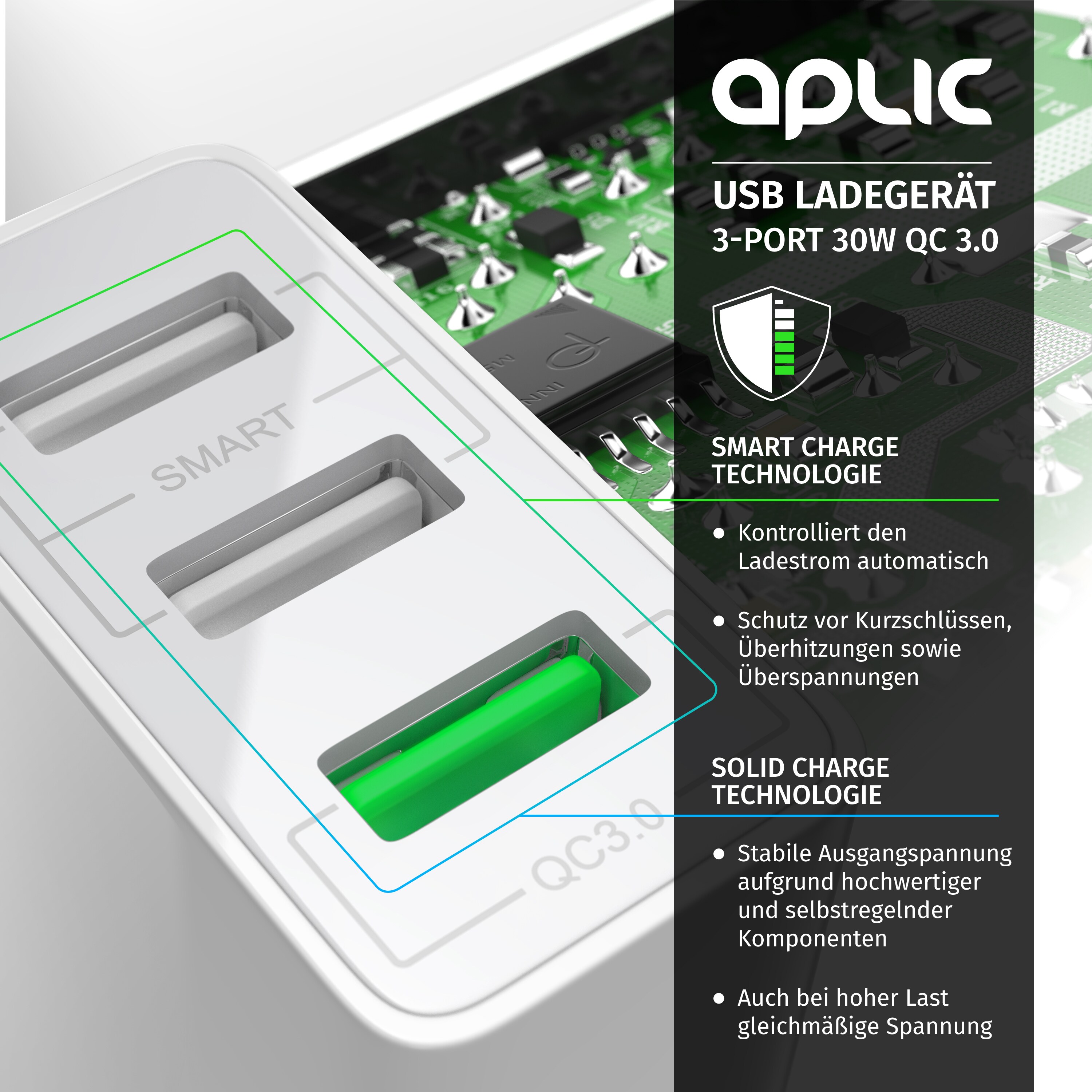 Aplic USB-Ladegerät 3000 mA, 3-Port Netzteil, Quick Charge 3.0, 2x USB Port + 1x QC 3.0 Port