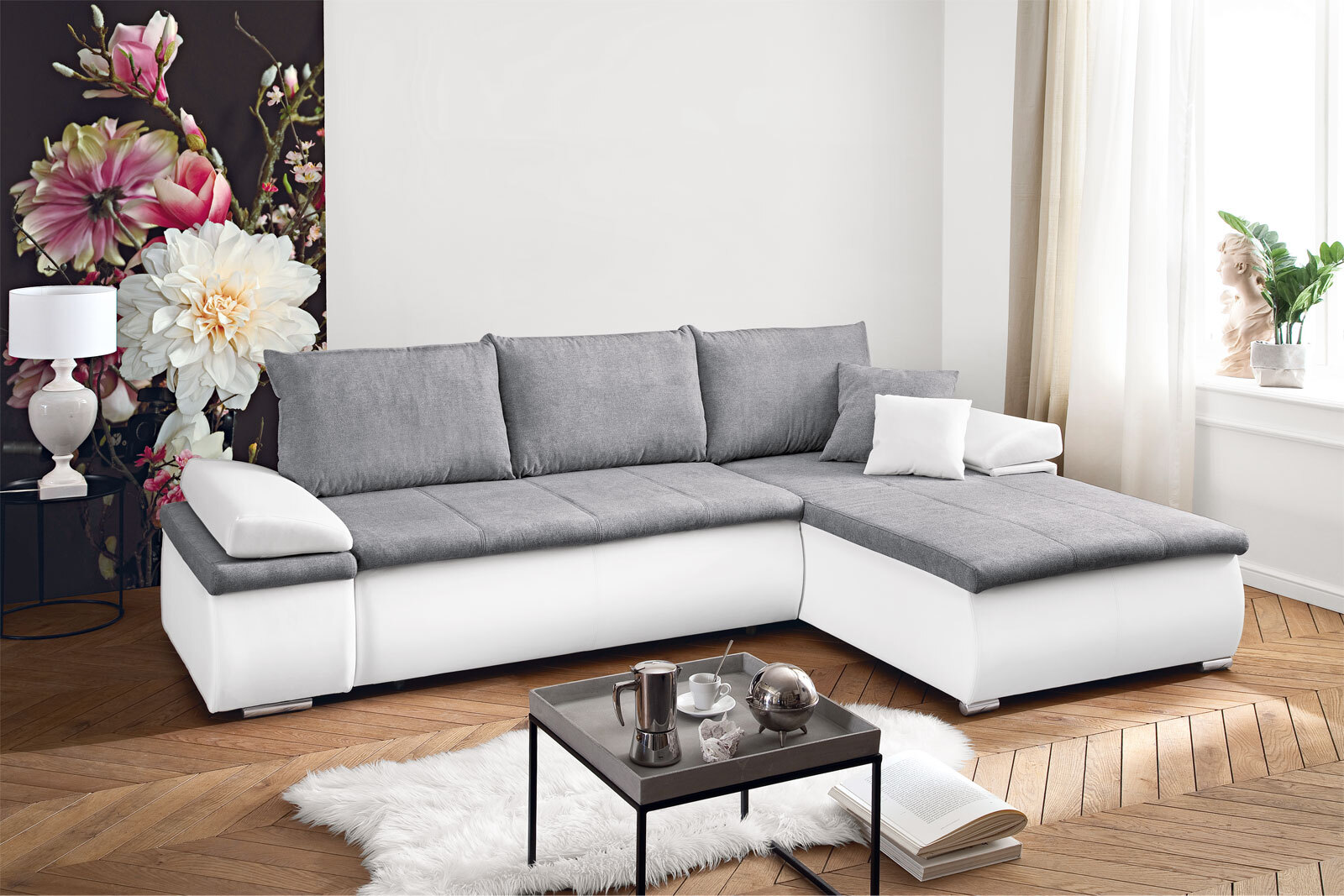Ecksofa Belinda Stoffbezug Grau/Weiß ca. 180 x 268 cm