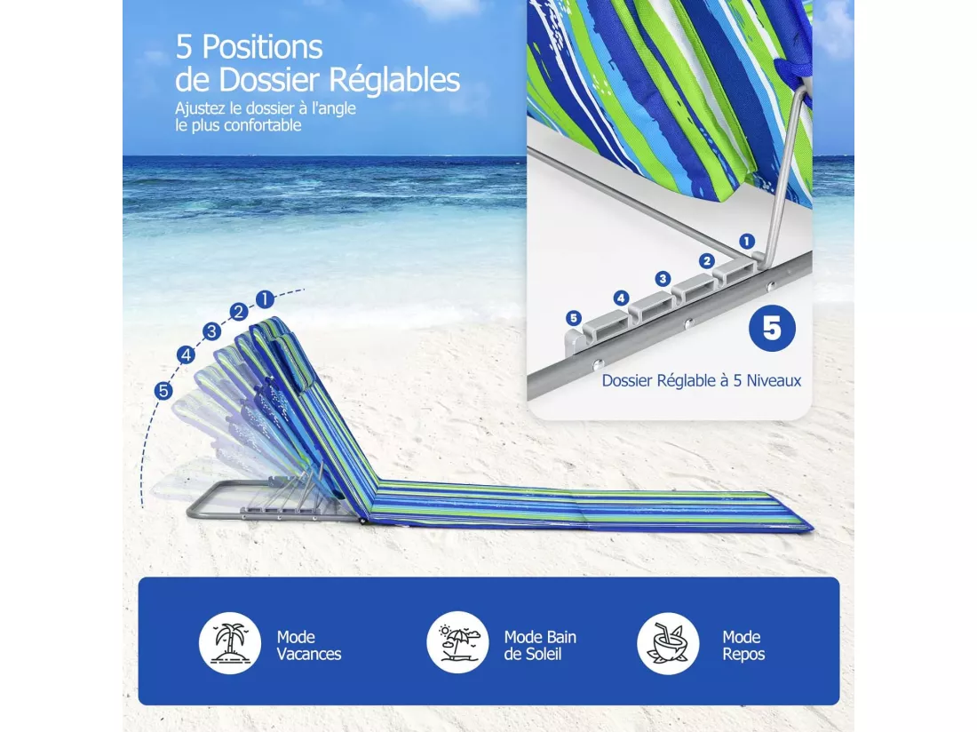 Ensemble de Tapis de Plage Pliables 2 pcs avec Table d’Appoint, Matelas de Plage avec Hauteur Réglable 27-47cm, Coloré