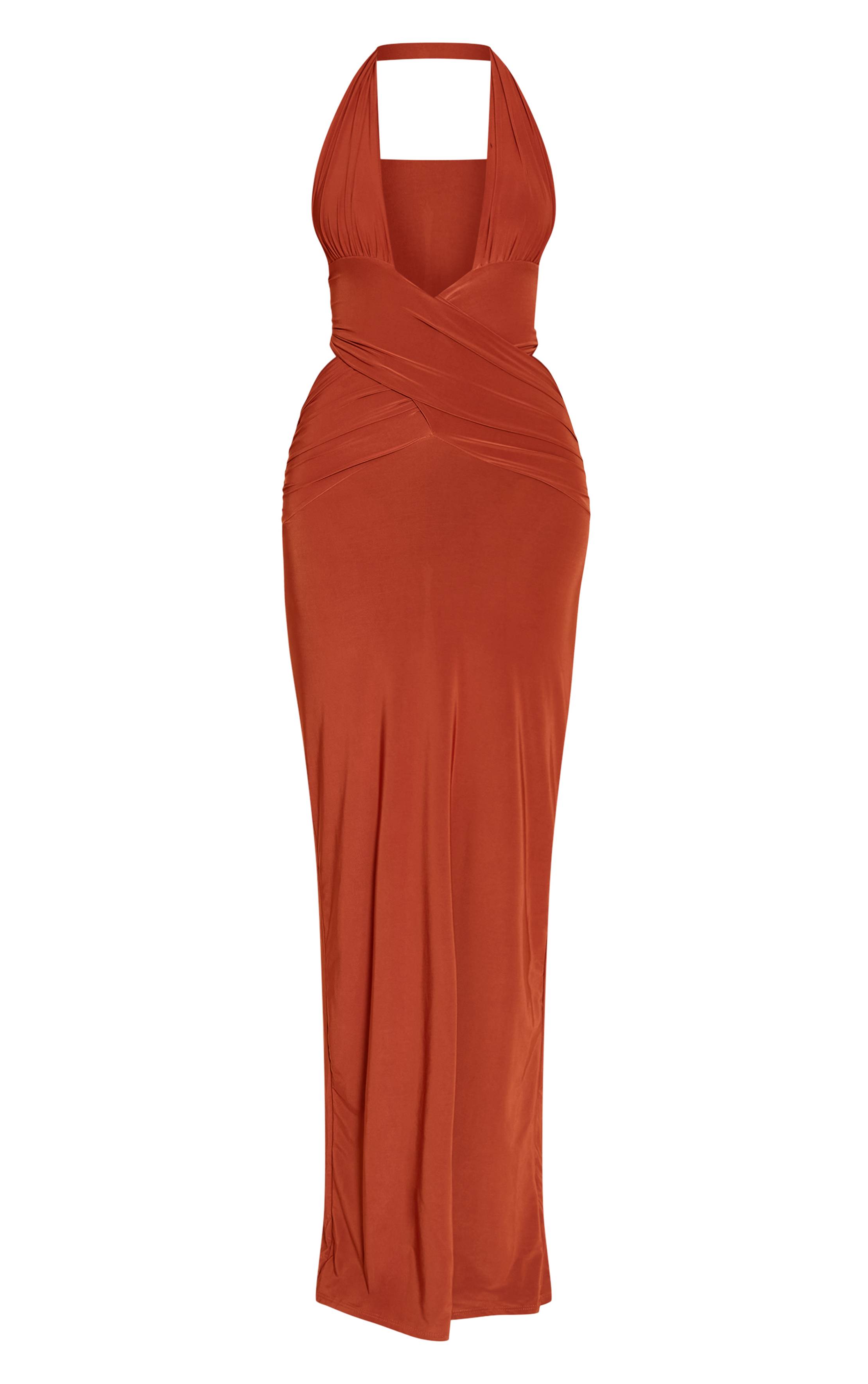 Rouille Robe Longue Moulante À Décolleté Plongeant Extrême