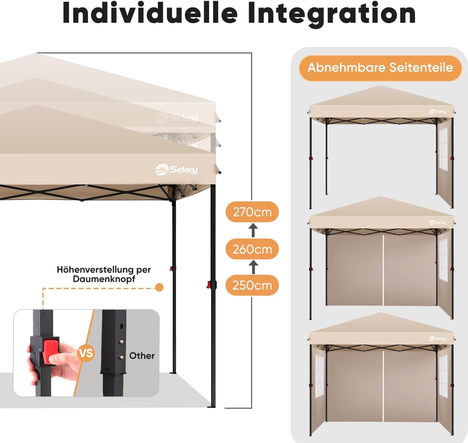 Sekey Premium Pop Up Pavillon 3x3 Wasserdicht Stabil, 3 x 3 m Pavillon mit Seitenwänden, Faltpavillon Partyzelt Faltbar für Camping Party, Höhe Verstellbar 250-270cm, (Khaki, Mit Seitenwänden)