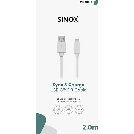Sinox USB C til USB A kabel 2 meter - hvid