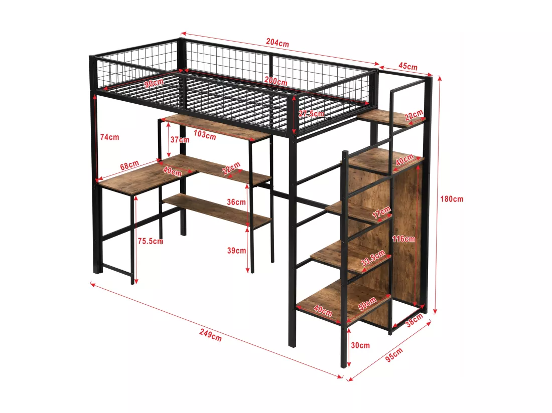 90 * 200cm lits superposés, lit en fer, sous la table, plusieurs étagères, armoire intégrée, noir