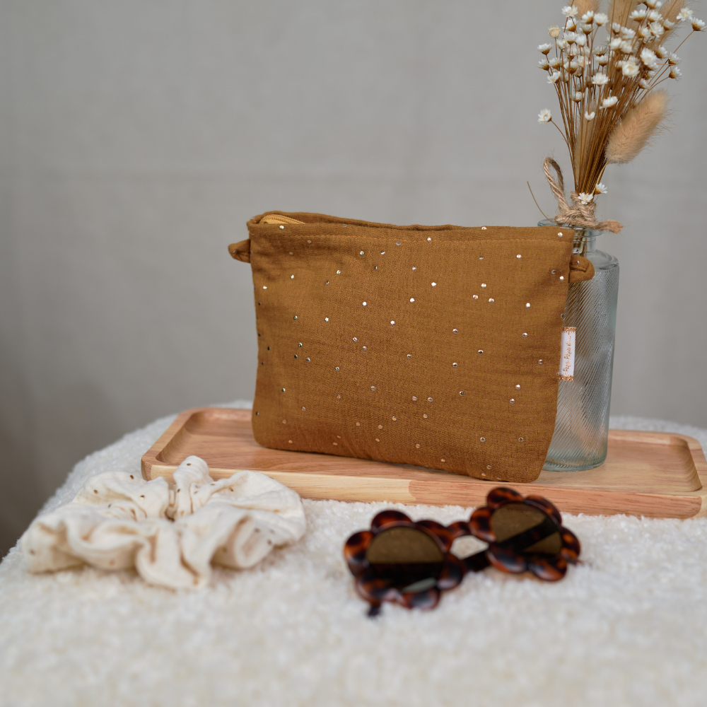Mini Pochette Tissu Gaze Pois Or Caramel