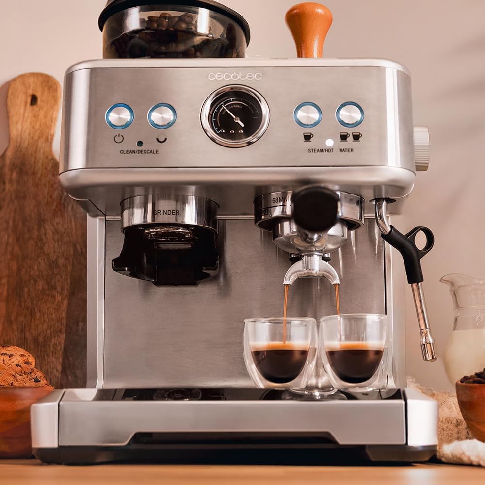 Cecotec Barista Power Espresso 20 Barista Maestro Express Kaffeemaschine. 2250 W, 20 Bar, Manometer und 2 Thermoblöcke, Kaffeebohnenbehälter, Mahlwerk mit 20 Stufen, Vaporizer