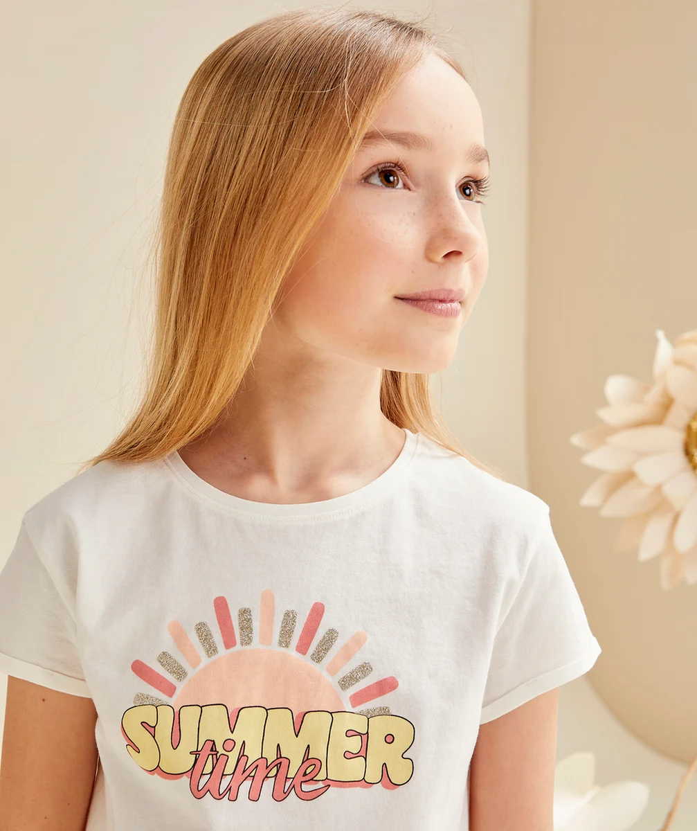 T-SHIRT FILLE EN COTON BIO BLANC AVEC MESSAGE SUMMER TIME ET SOLEIL