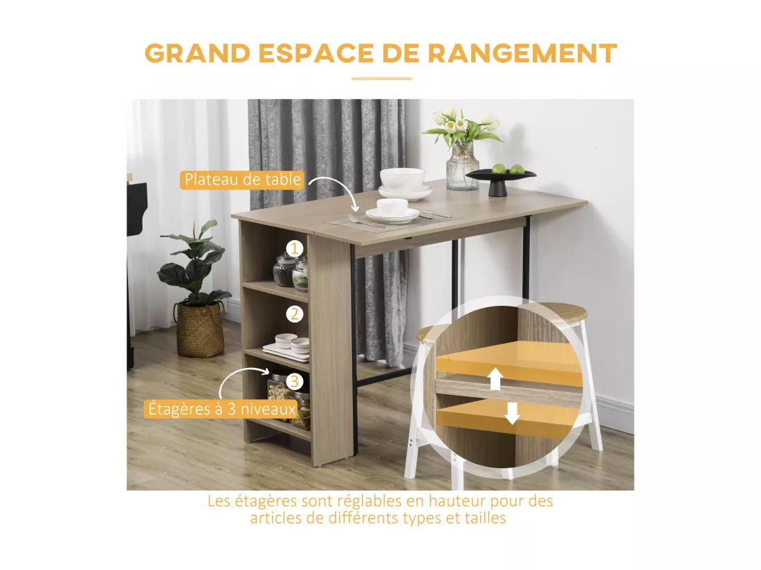 Table de bar extensible design industriel - 3 étagères intégrées - châssis métal noir aspect bois gris