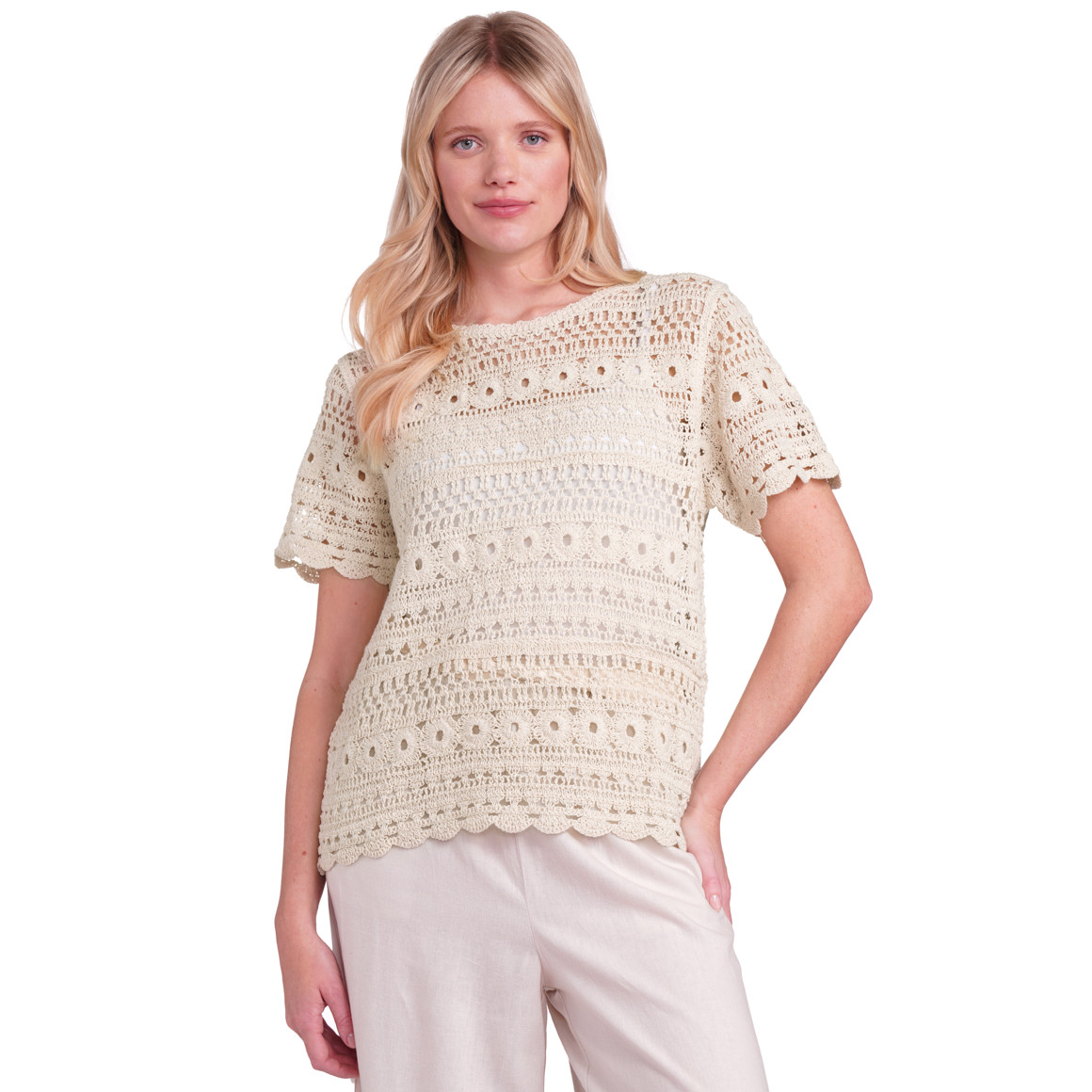 Gina Benotti Damen Strickshirt mit Ajour-Muster beige