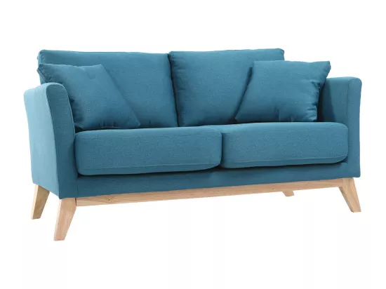 Canapé scandinave déhoussable 2 places en tissu bleu canard et bois clair OSLO