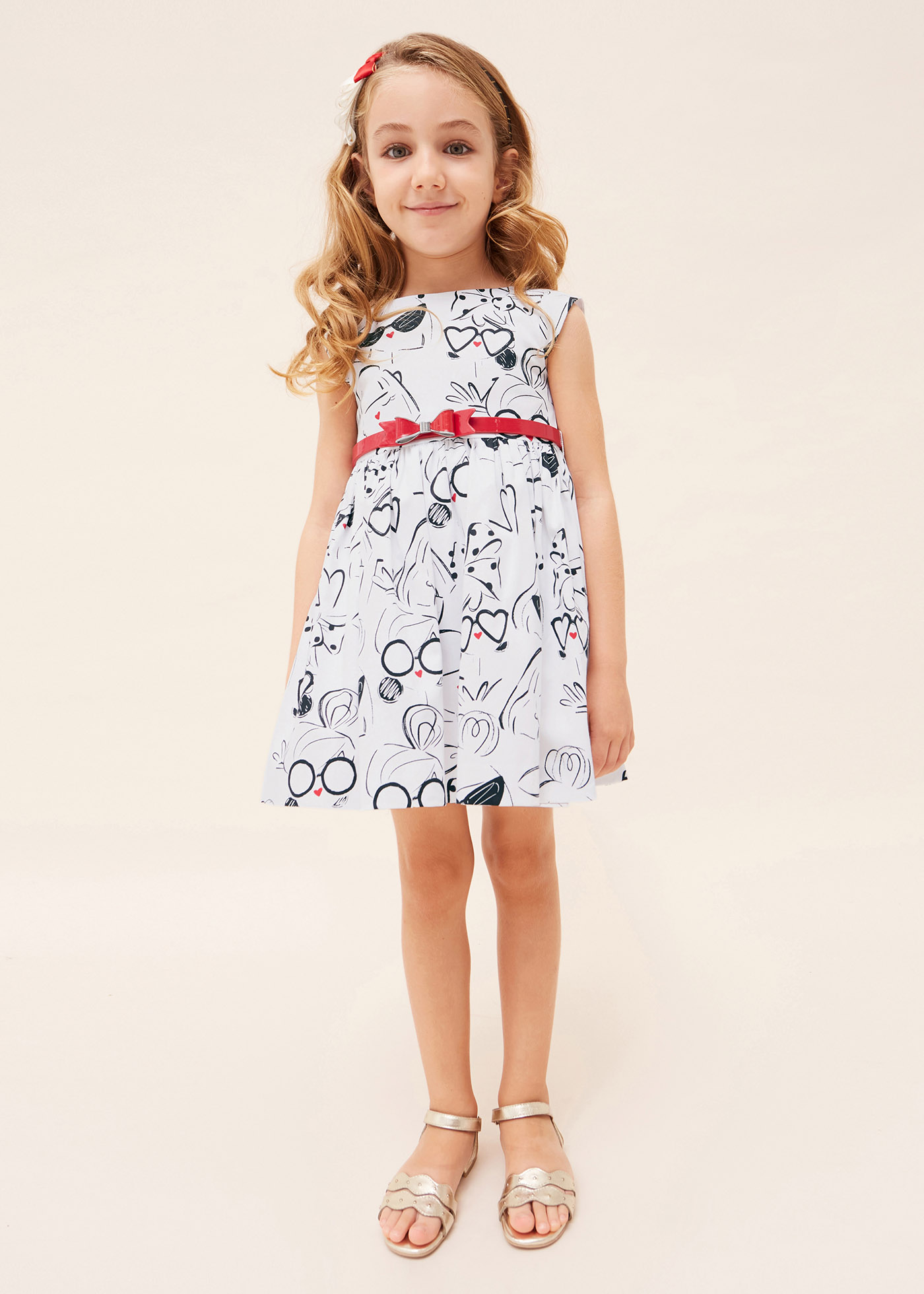 Vestido estampado com cinto de algodão para meninas