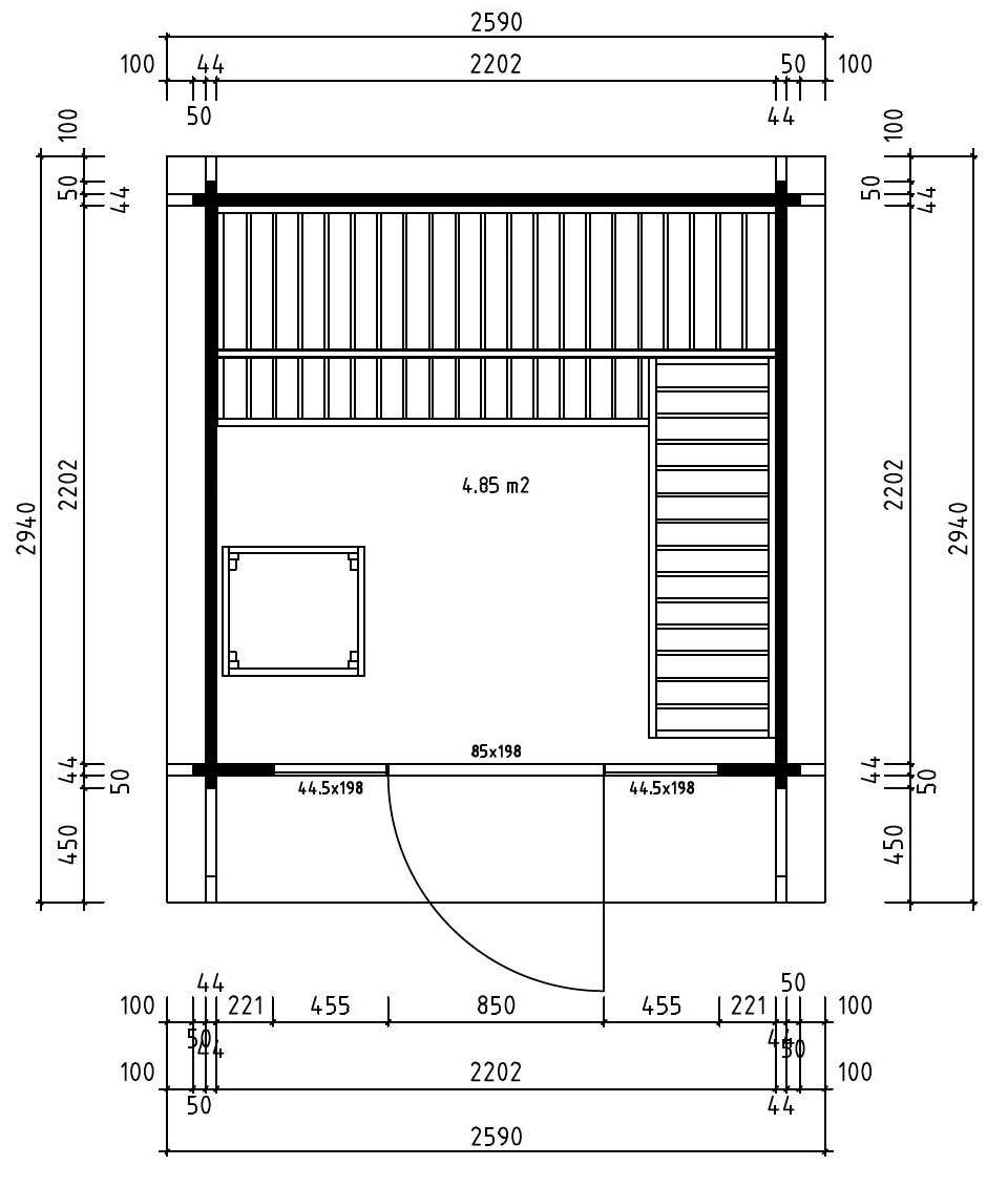 FinnTherm Lupoa-44 tuinsauna met 3 houten banken, 44 mm dikke wanden, buitensauna met montagemateriaal, natuurlijke afwerking, 2,6 x 2,9 m