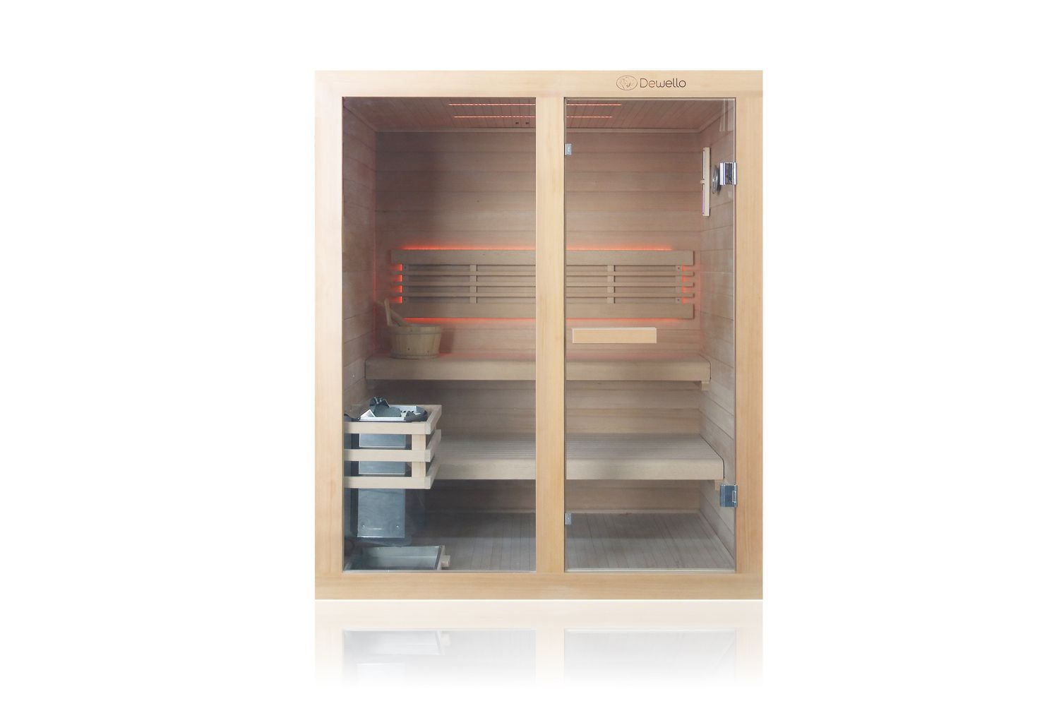 Dewello Finnische Sauna TOFINO 160x150 Kabine aus Hemlock Tannenholz mit,4,5 kW Harvia Ofen, inkl Sauna Set