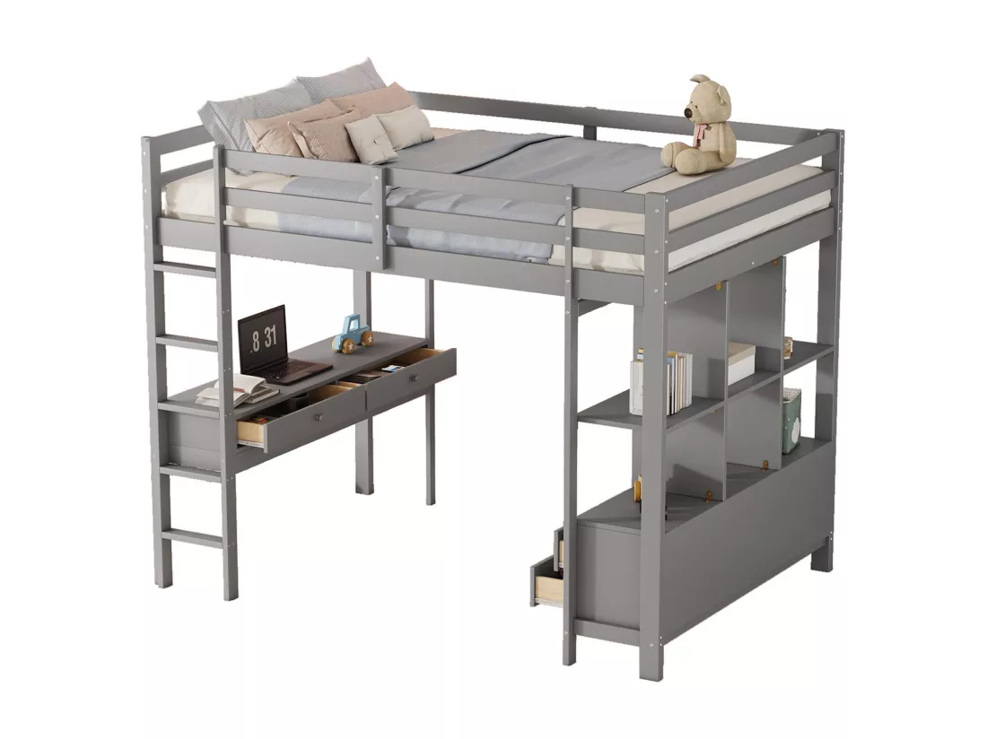 Lit mezzanine 140x200cm en pin massif avec bureau + tiroirs + étagères + sommier à lattes - Gris