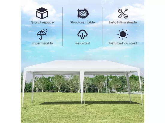 Tonnelle de Jardin 3 M x 9 M Étanche, Tente de Réception Pliante en Tube Métal 8 Cordes à Vent et 16 Piquets Boucle, pour Fêtes Commercial Mariage, Blanc