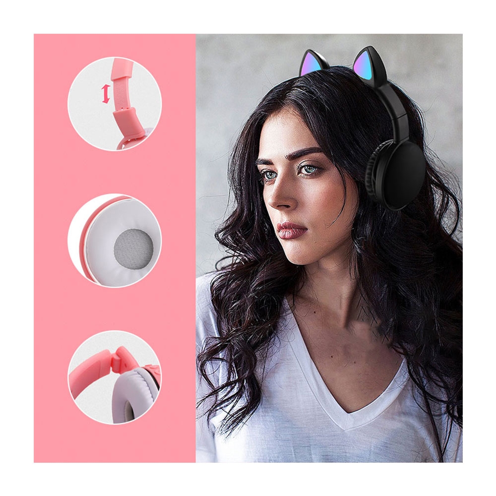 Faltbare Kinder Stereo Bluetooth 5.0 On-Ear Kopfhörer Headset mit Aux-In   leuchtende LED Katzenohren - Weiss