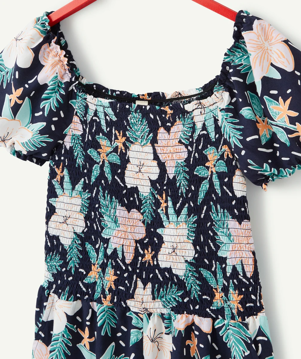 ROBE FILLE EN VISCOSE RESPONSABLE BLEU MARINE ET IMPRIMÉ TROPICAL