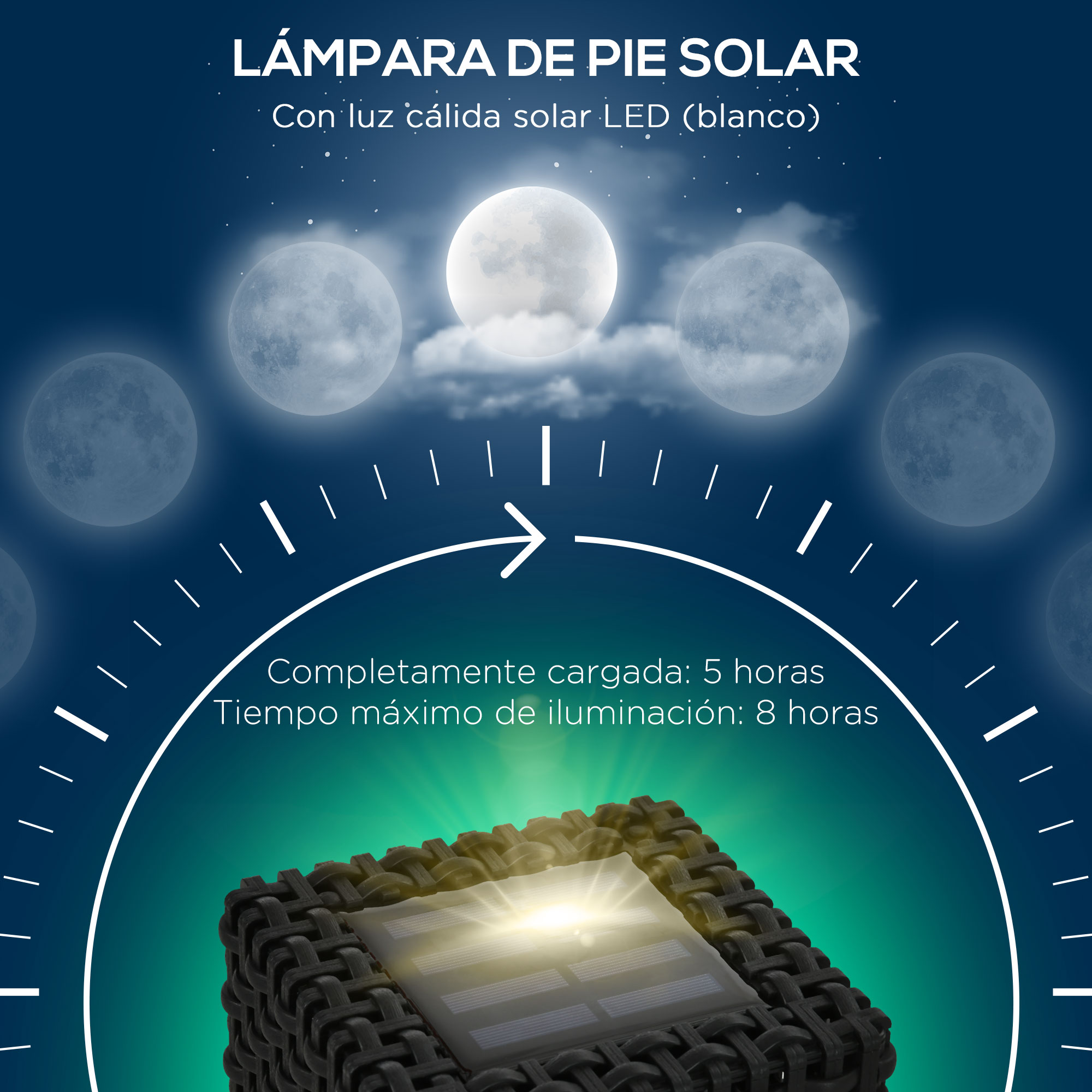 Luminária de chão Outsunny em rattan sintético com energia solar, luzes LED e controle automático para decoração interna e externa, 15,5 x 15,5 x 47 cm, preta.