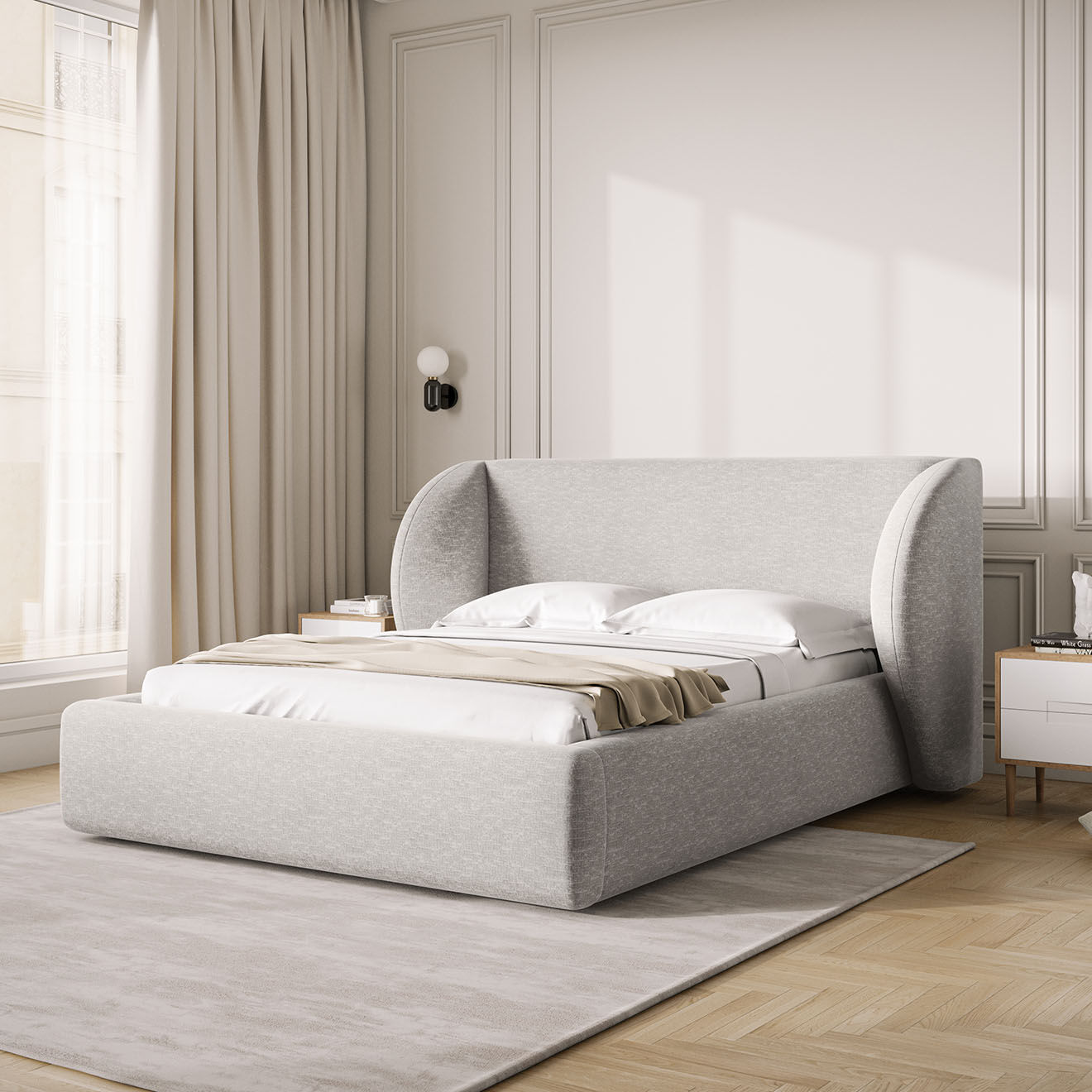 Micadoni Lit Coffre Chenille avec Tête de Lit Miley gris clair - 230x187x100 cm