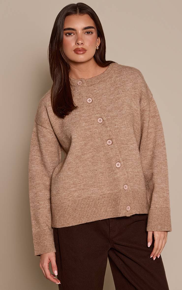 Taupe Cardigan Asymétrique Boutonné