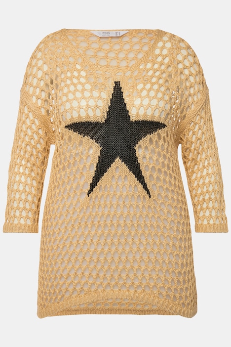 Pullover, Relaxed Fit, Lochstrick, Stern, Rundhals, 3/4-Ärmel