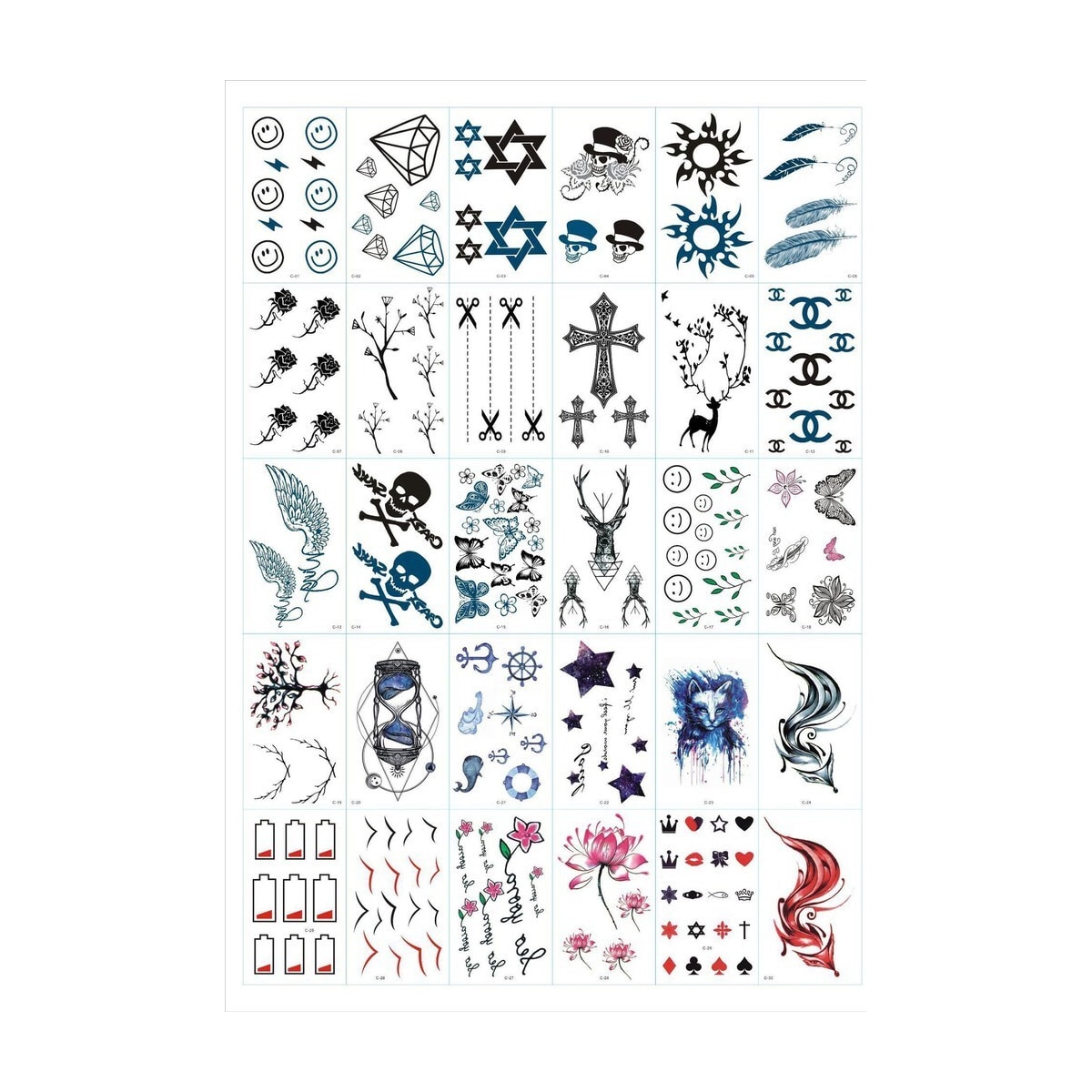 Rubs - midlertidige tatoveringer 30 ark med blandede motiver C30