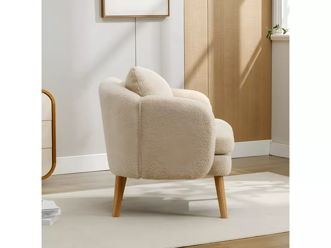 Fauteuil Canapé Fauteuil avec coussin à pieds en bois massif moderne et sobre en Teddy Tissu Beige