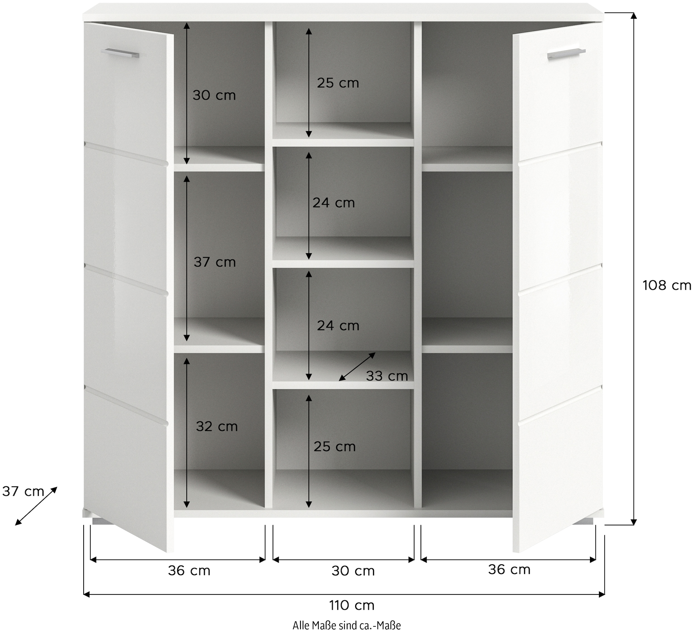INOSIGN Highboard »Valge, Höhe 108 cm, 2 Türen, 4 verstellbare Böden, 4 offene Fächer« Front-Rillenfräsung, Schuhschrank, Anrichte, Kommode, Sideboard