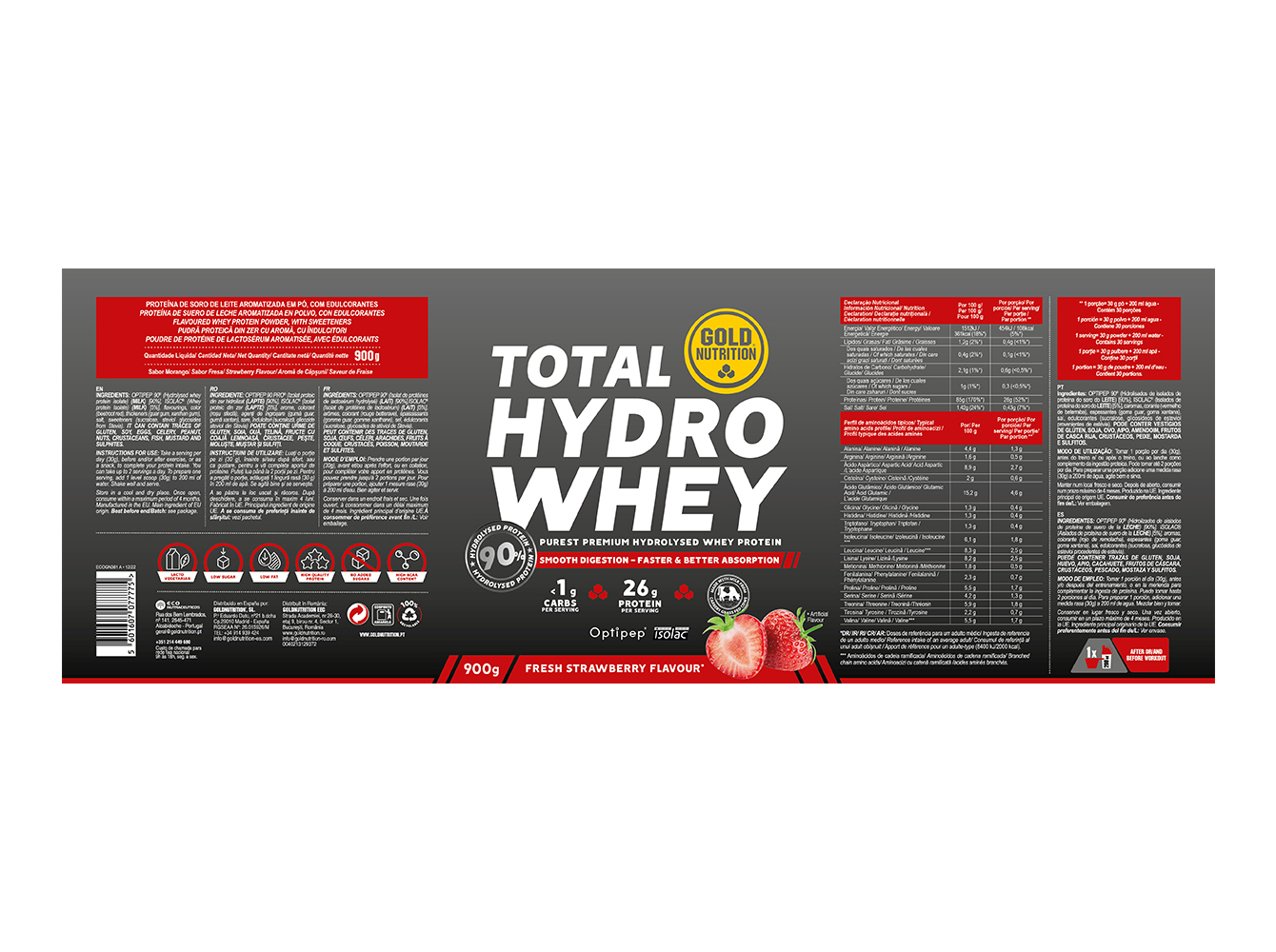 PROTEINA GOLDNUTRITION TOTAL HYDRO WHEY MORANGO 900 G