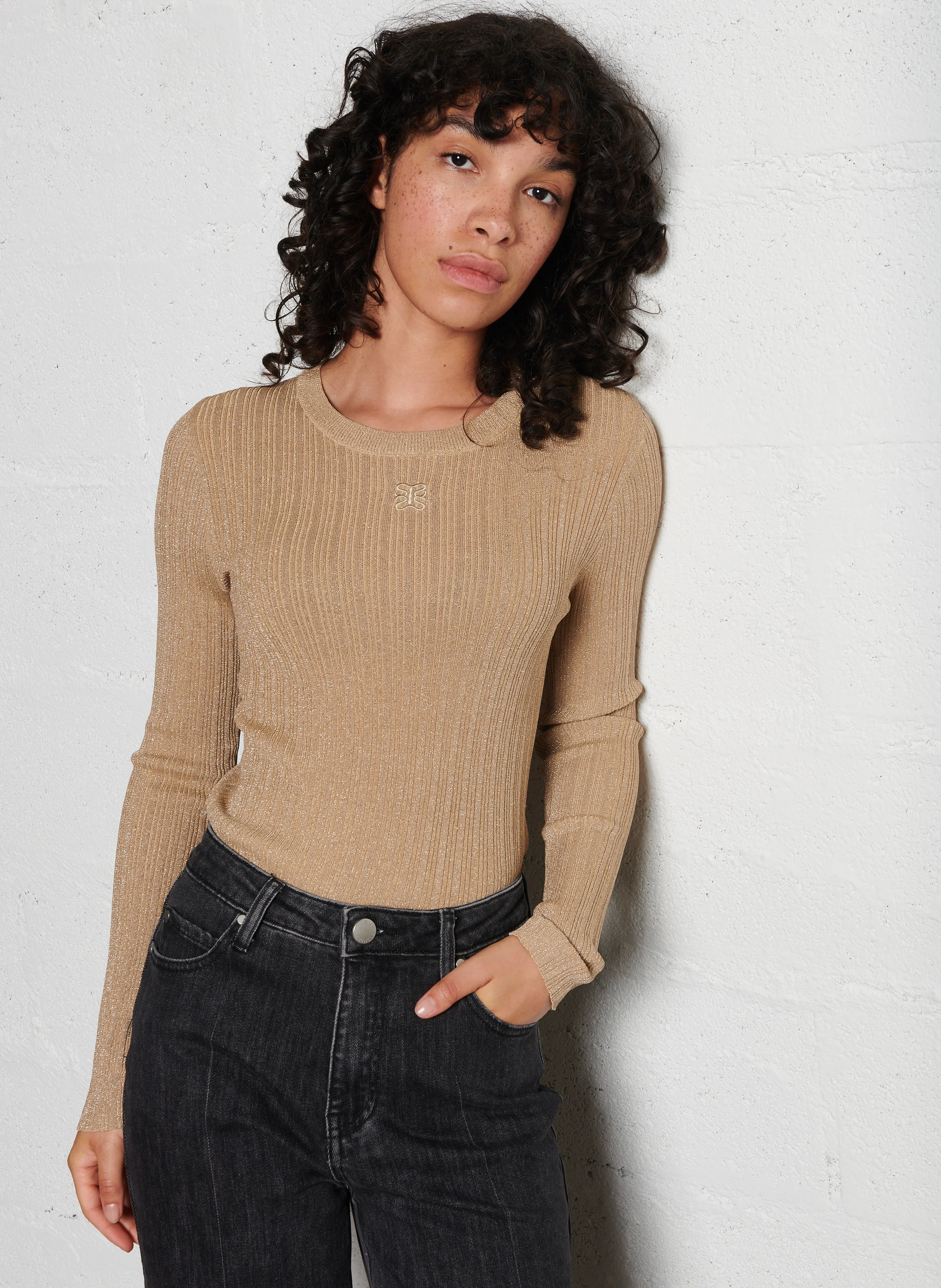 PRAVEG - Top ajusté col rond à paillettes | Beige