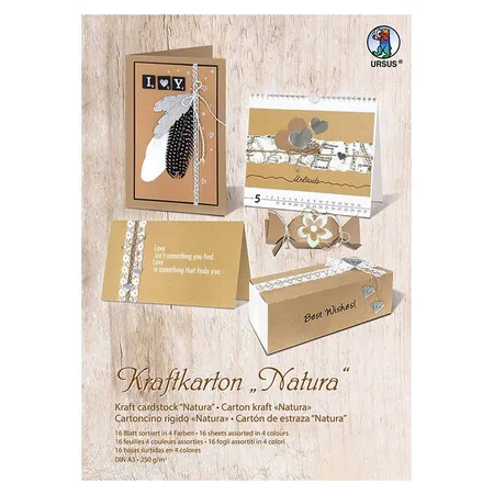URSUS Kraftkarton Natura, mit gerippter Oberfläche, 250 g/qm, DIN A3, 16 Blatt in 4 Farben