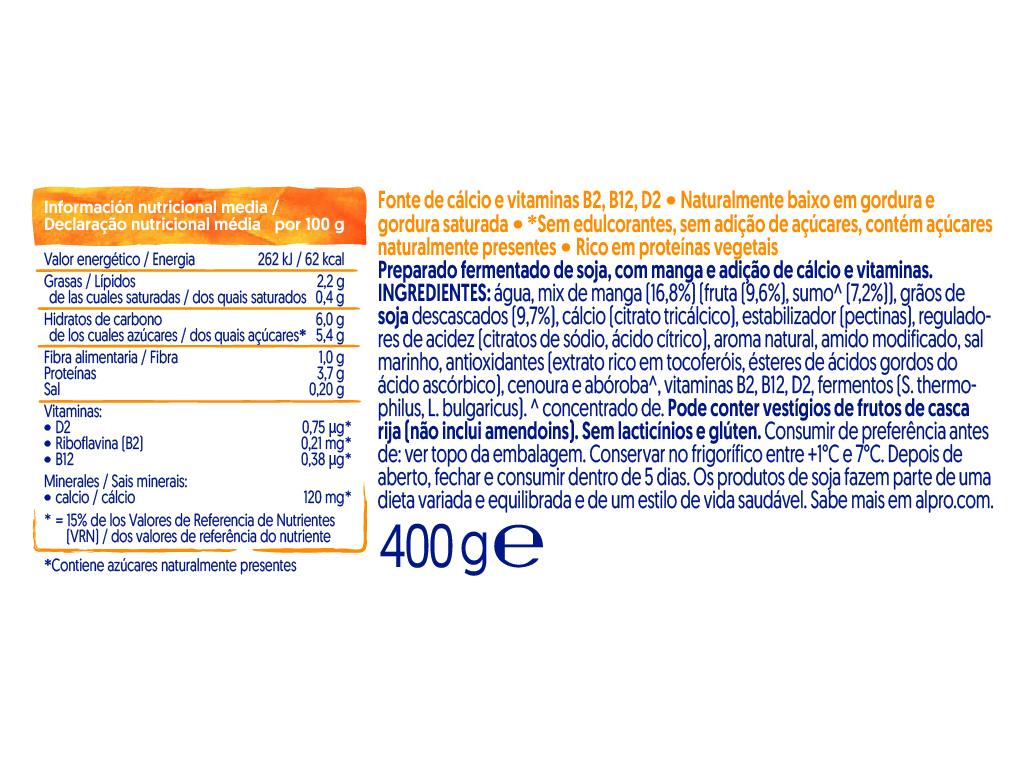 YOFU ALPRO MANGA SEM AÇÚCAR 400G