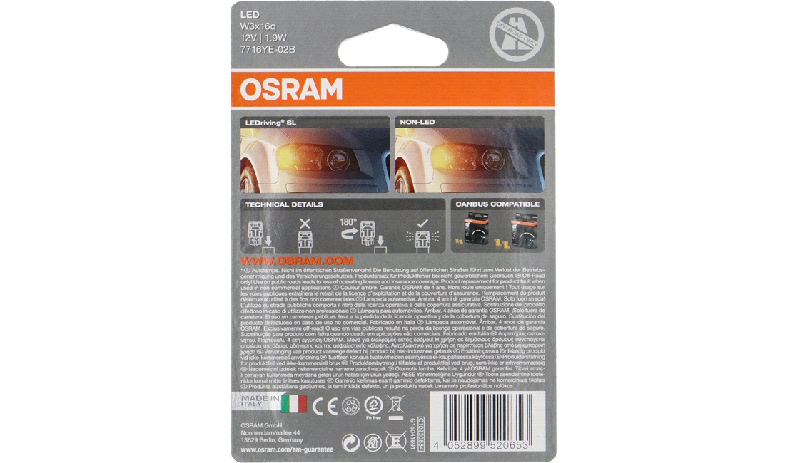 Pæresæt LED Retrofit 12V W21/5W T20DC Amber Osram 7715YE