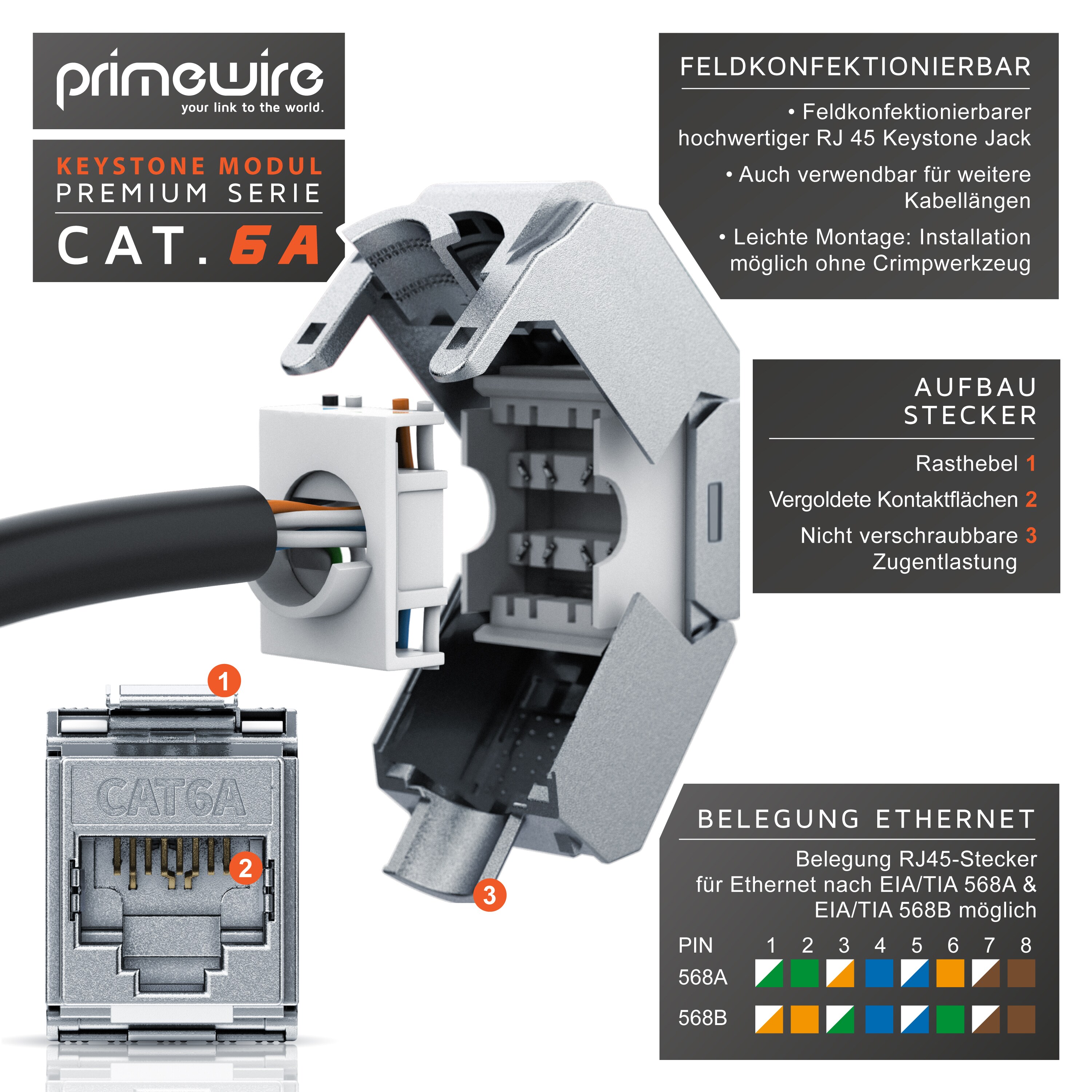 Primewire CAT.6a Keystone Modul für Ethernet LAN Kabel - RJ45 Buchse - feldkonfektionierbar - Keystone Jack - 500 Mhz - bis zu 10000 Mbit/s
