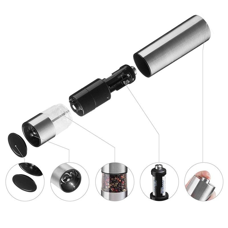 Elektrische Edelstahl Pfeffermühle Salz Grinder Automatische Gewürzmühle mit LED Licht (Batteriebetrieben) - Silber