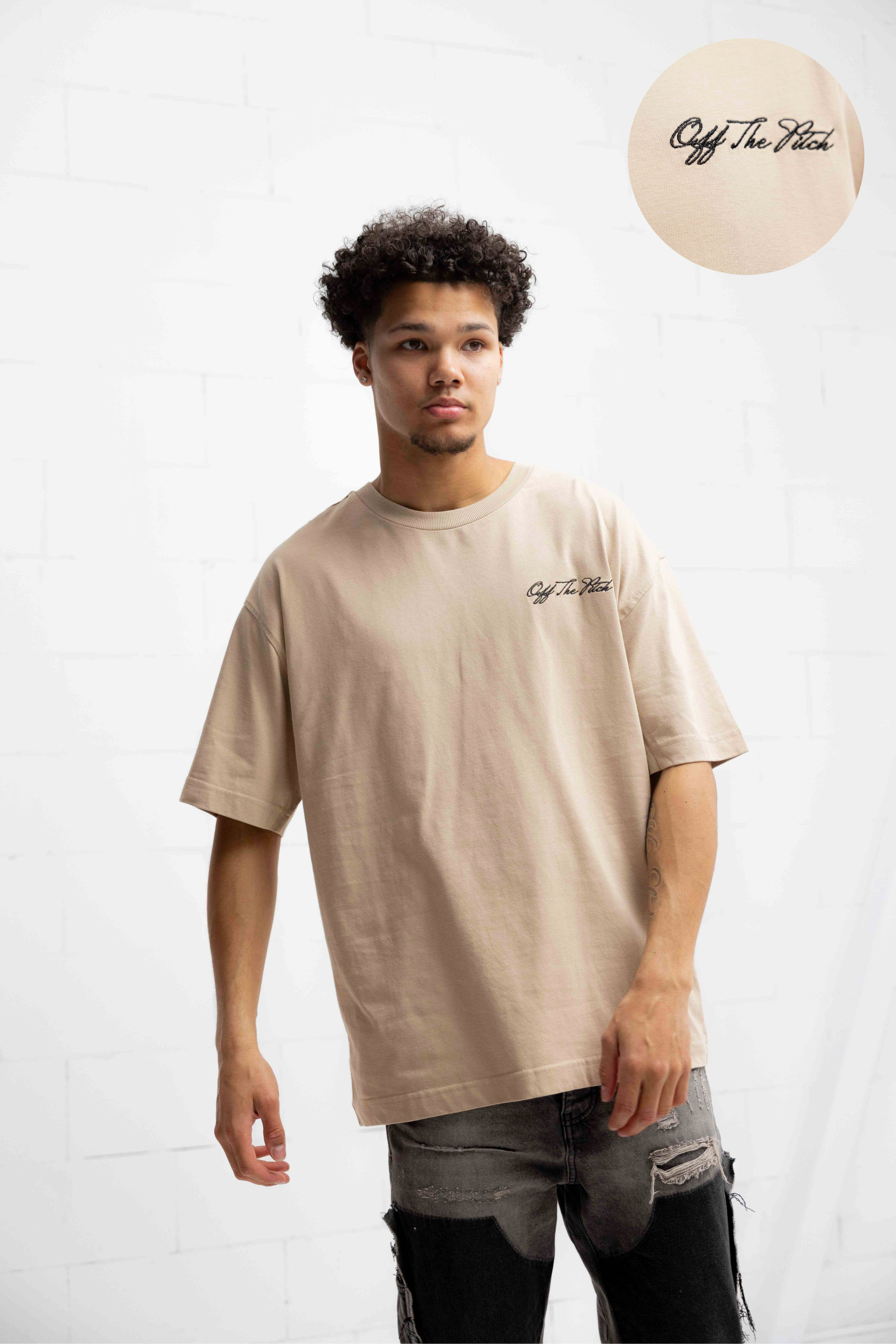 Off The Pitch Script Loose Fit T-Shirt Unisex Beige