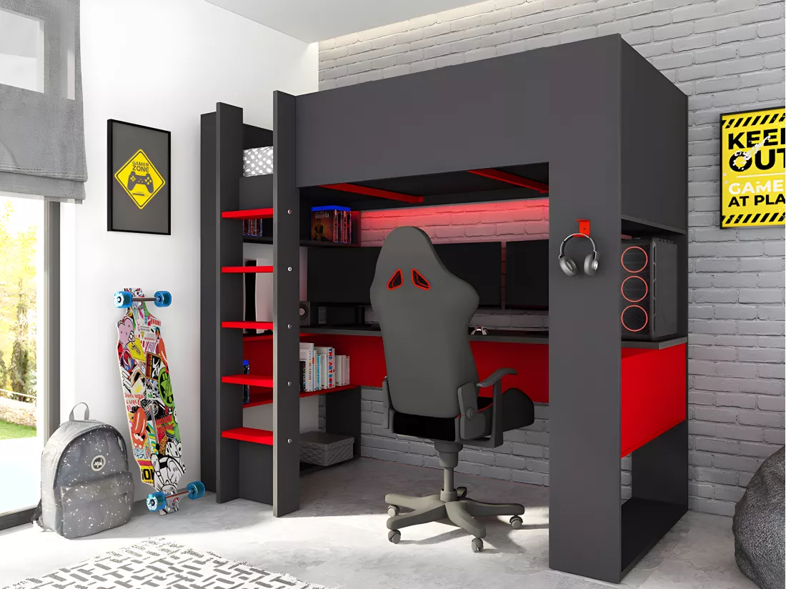 Lit mezzanine gamer NOAH avec bureau et rangements intégrés - 90 x 200 cm - Avec LEDs - Anthracite et rouge + matelas