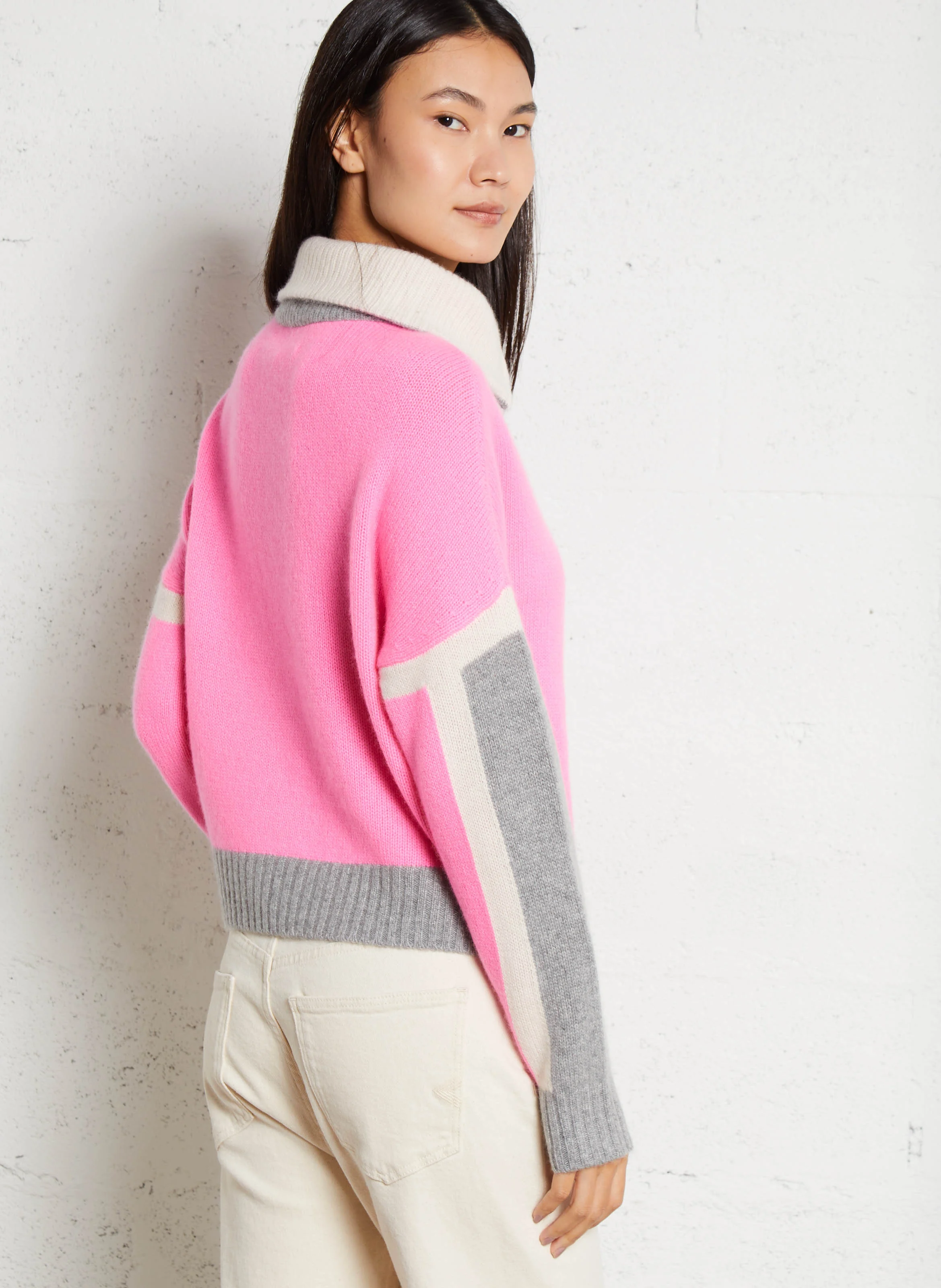 Pull tricolore en cachemire| Rose