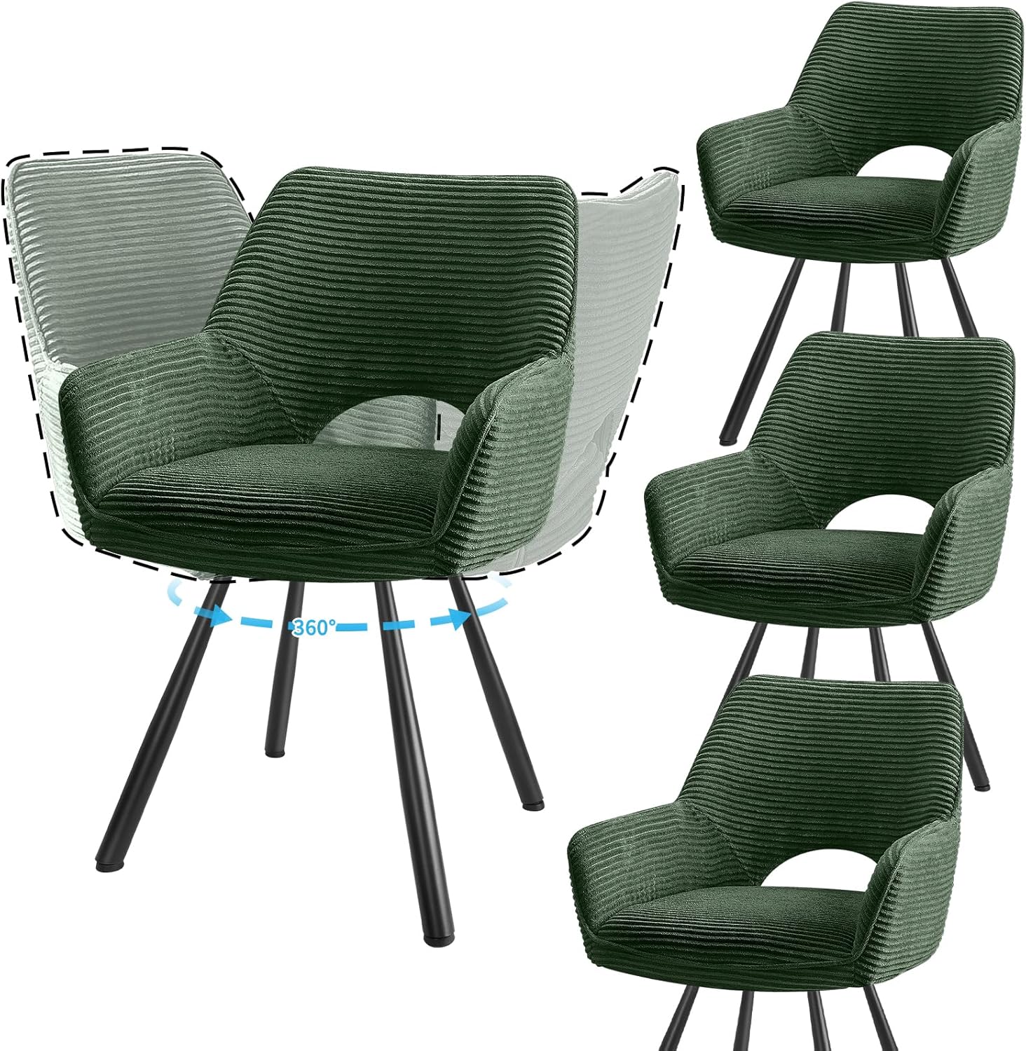 4er Set Esszimmerstuhl Drehbar mit Armlehne, Drehbar 360°, Küchenstuhl, Moderner Polsterstuhl mit Stoffrückenlehne für Küche, Esszimmer, Schlafzimmer, Grün YQ2304710